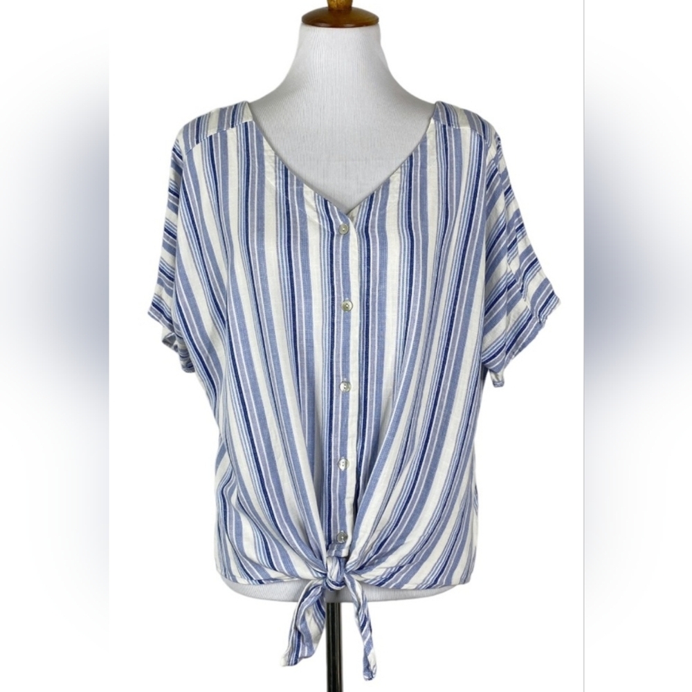 💕2 For $20💕 Como Vintage Linen Blend Button Front Top Blue Stripe XXL